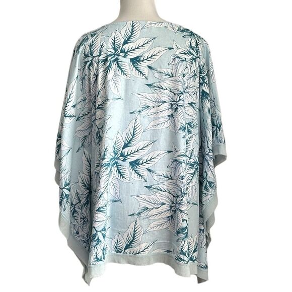 Cynthia Rowley Women’s Linen Blend Tunic Top 1X Blue Floral Poncho Mesh Trim - Picture 2 of 7